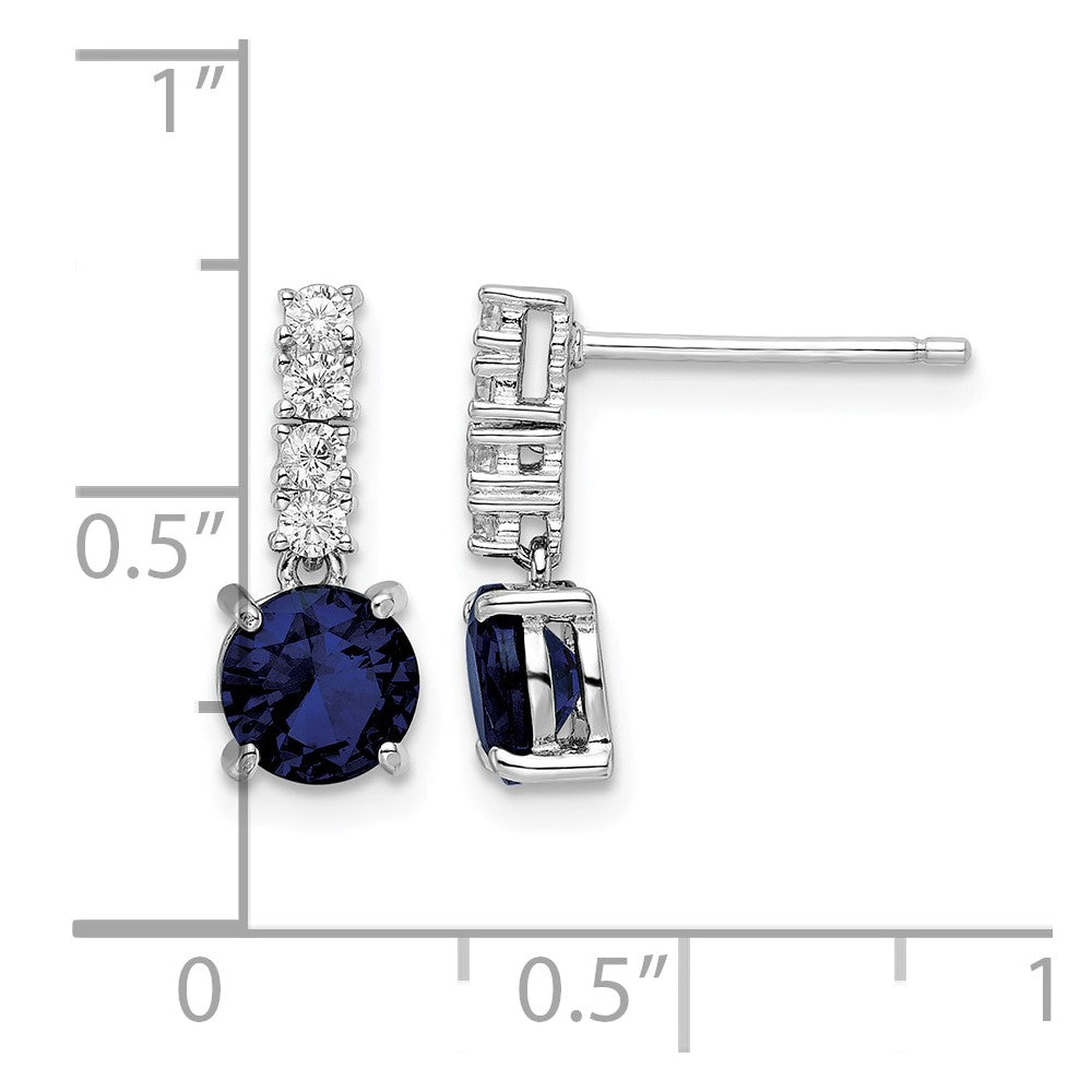 Sterling Silver Polished Rhodium Cr. Blue Spinel and CZ Post Dangle Earring