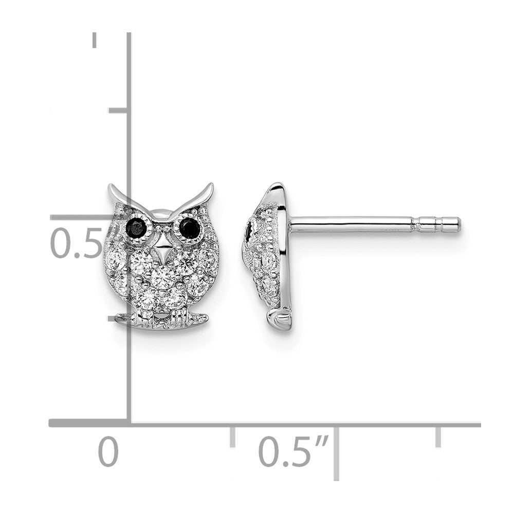 Sterling Silver Rhodium-plated Black & White CZ Owl Post Earrings