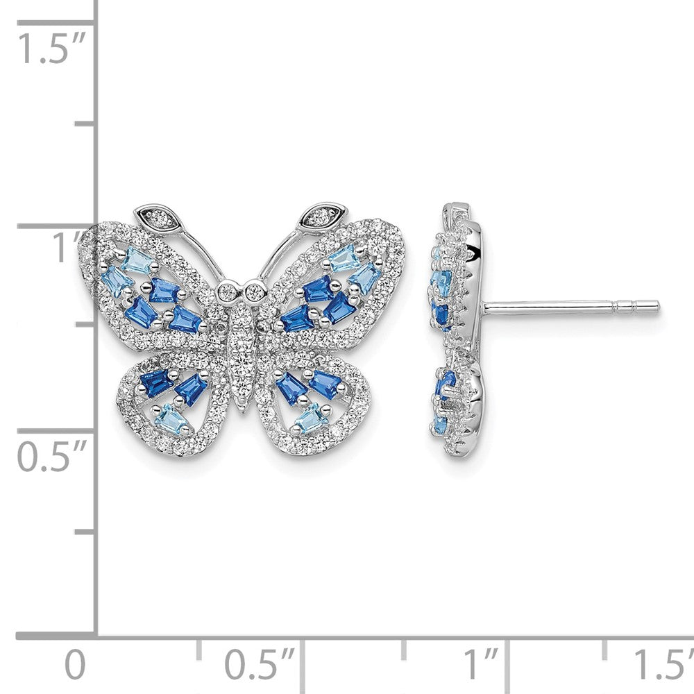 Sterling Silver RH-plated Polished Blue & Clear CZ Butterfly Post Earrings