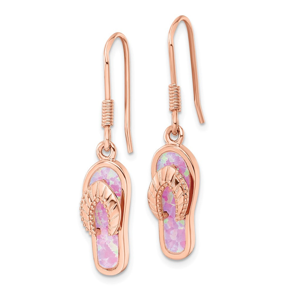 Sterling Silver Rose-tone Pink Created Opal Inlay Flip Flop Dangle Earrings