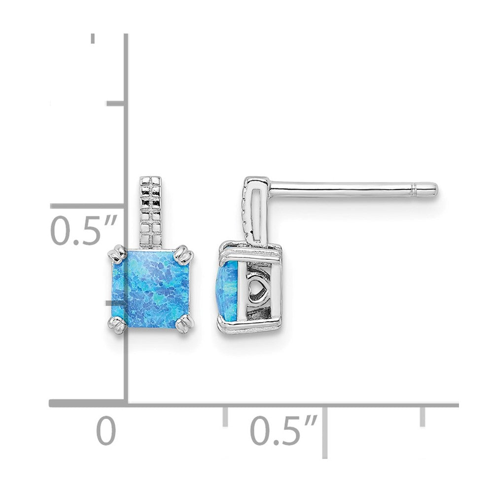 Sterling Silver Rhodium-plated Square Blue Created Opal Post Earrings
