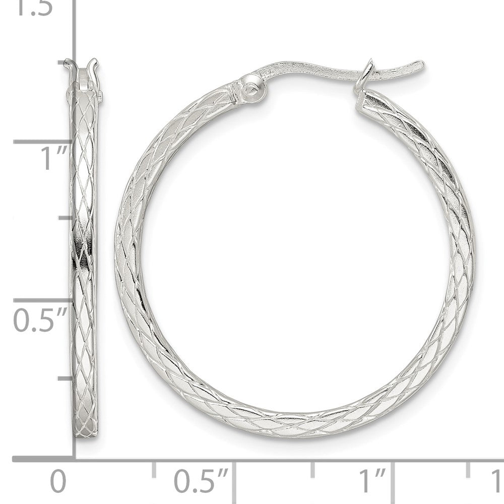 Sterling Silver Rhodium-plated Diamond Pattern Hoop Earrings