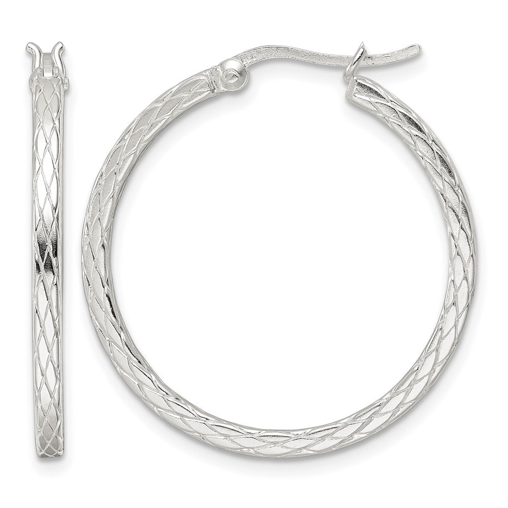 Sterling Silver Rhodium-plated Diamond Pattern Hoop Earrings