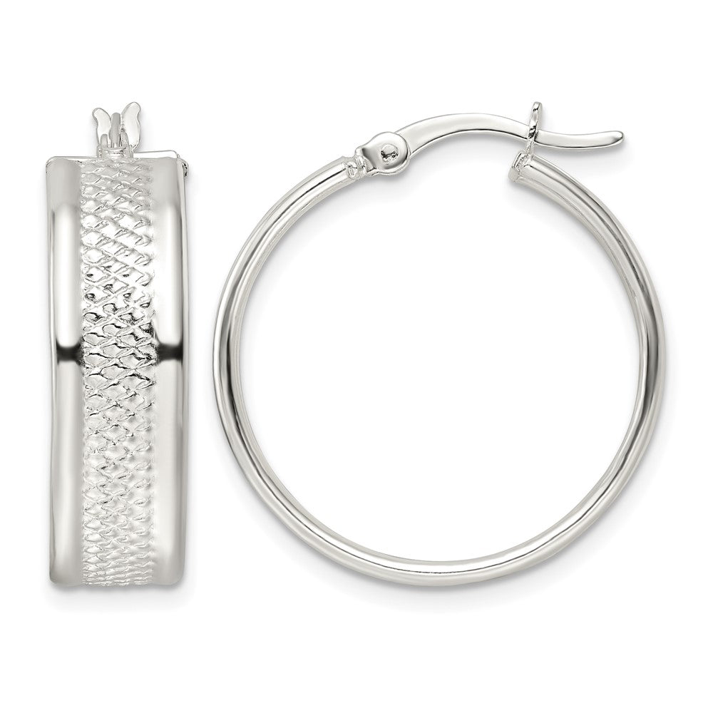 Sterling Silver Polished Textured 7.5x25mm Hoop Earrings