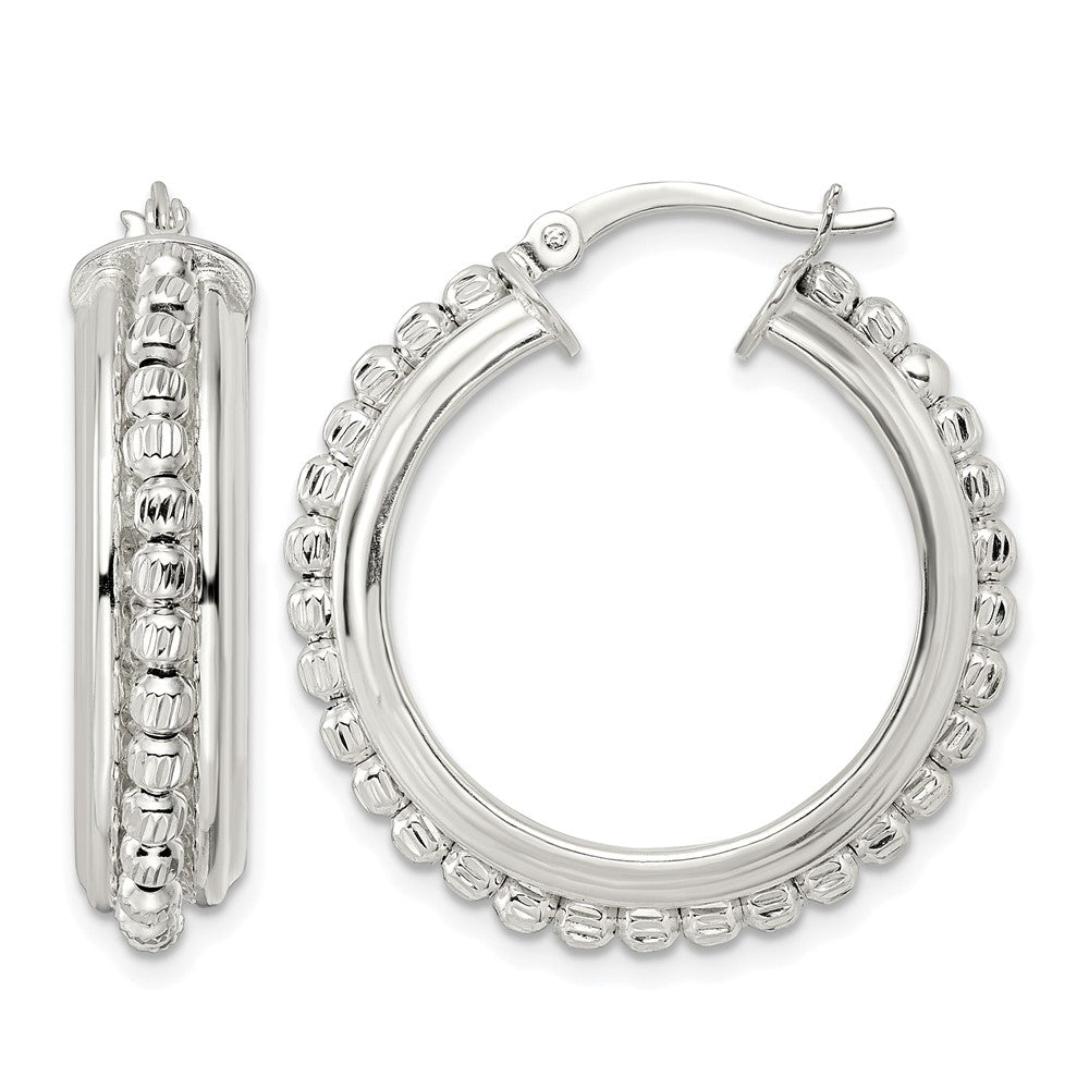 Sterling Silver Polished and DIamond-cut Beaded Hoop Earrings