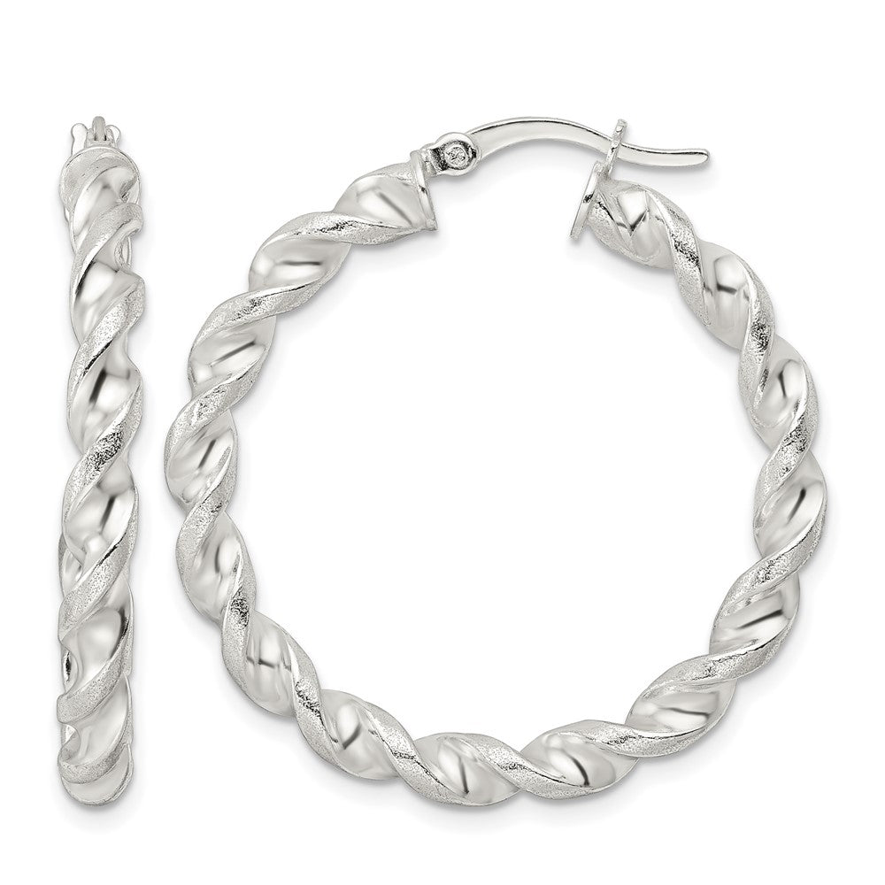 Sterling Silver Polished and Textured Twisted Circle Hoop Earrings