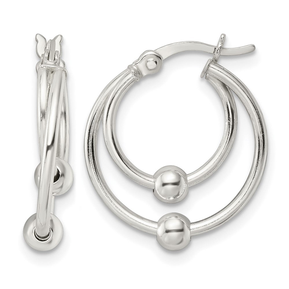 Sterling Silver Polished Double Circle Beaded Hoop Earrings