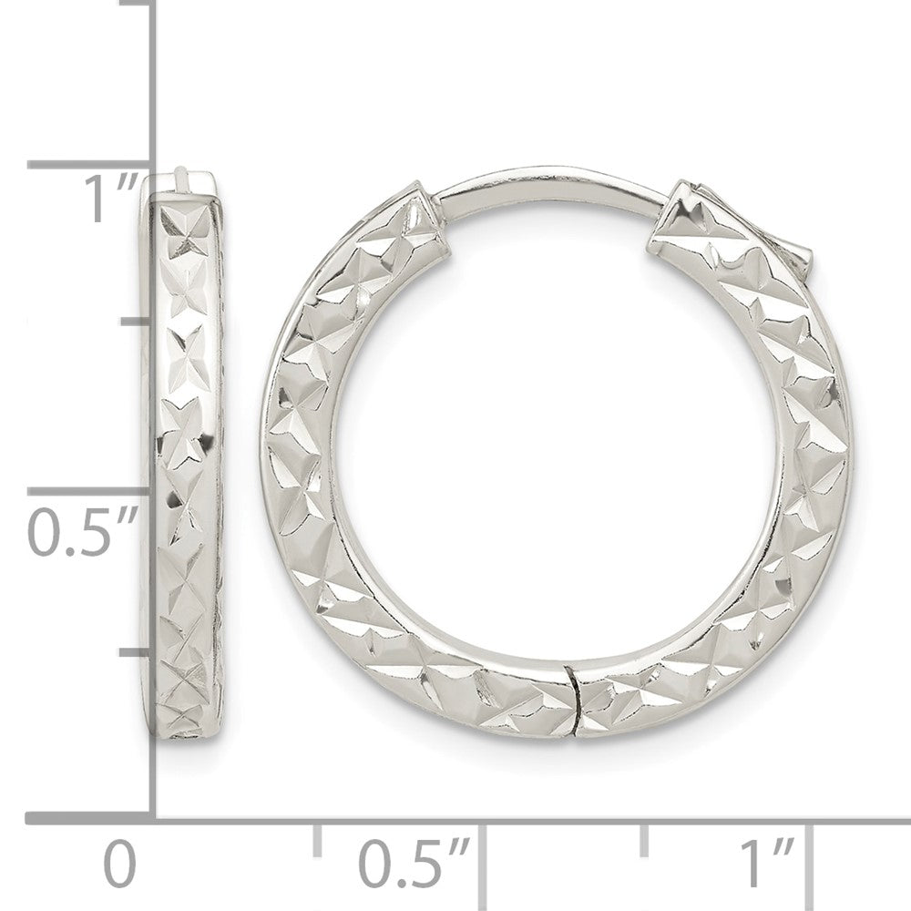 Sterling Silver Polished D/C Square Tube Locking Hoop Earrings