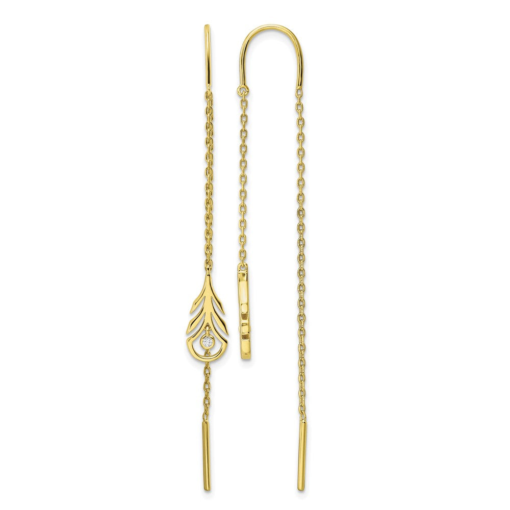 Sterling Silver Gold-tone Polished CZ Feather Threader Earrings