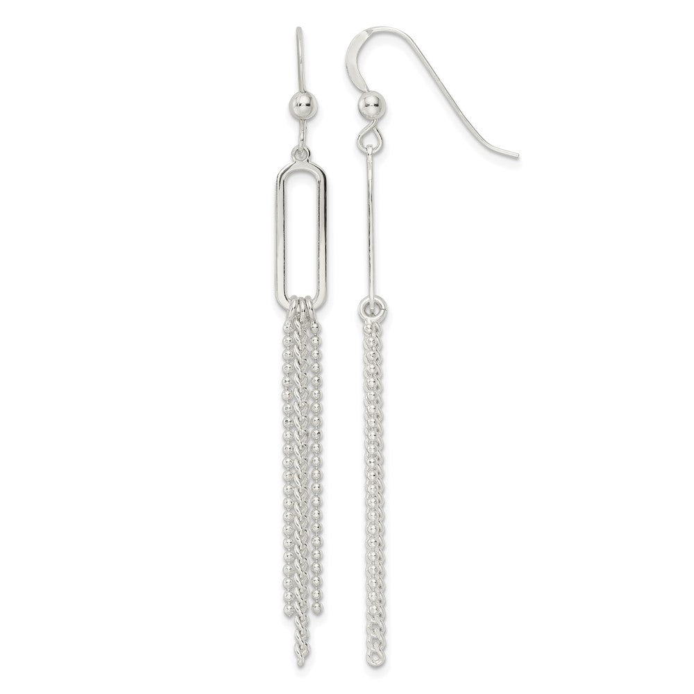 Sterling Silver Polished Oval and Multi-Strand Beaded Chain Dangle Earrings