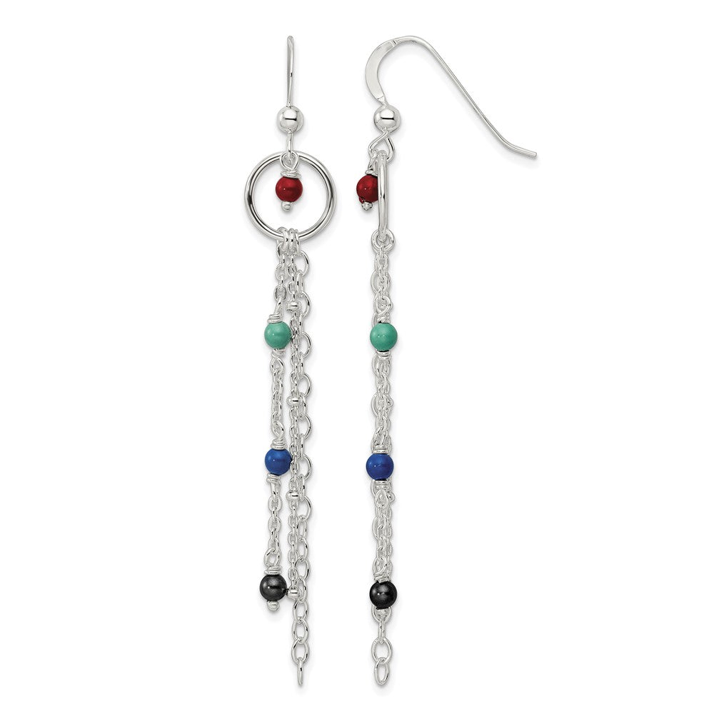 Sterling Silver Polished Multicolor Glass Beads & Chain Dangle Earrings