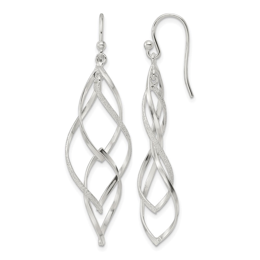 Sterling Silver Polished & Lasered Texture Twisted Dangle Hook Earrings