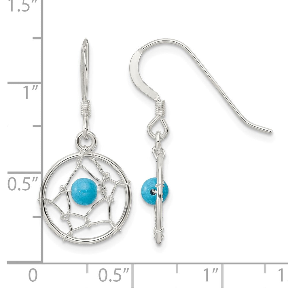 Sterling Silver Polished Turquoise Bead Dream Catcher Dangle Earrings