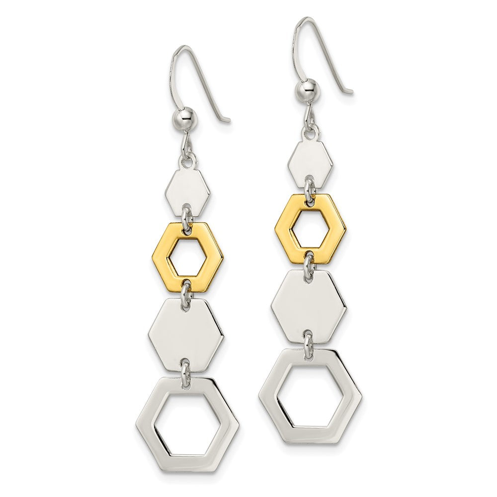 Sterling Silver and Gold-plated Polished Hexagon Dangle Earrings