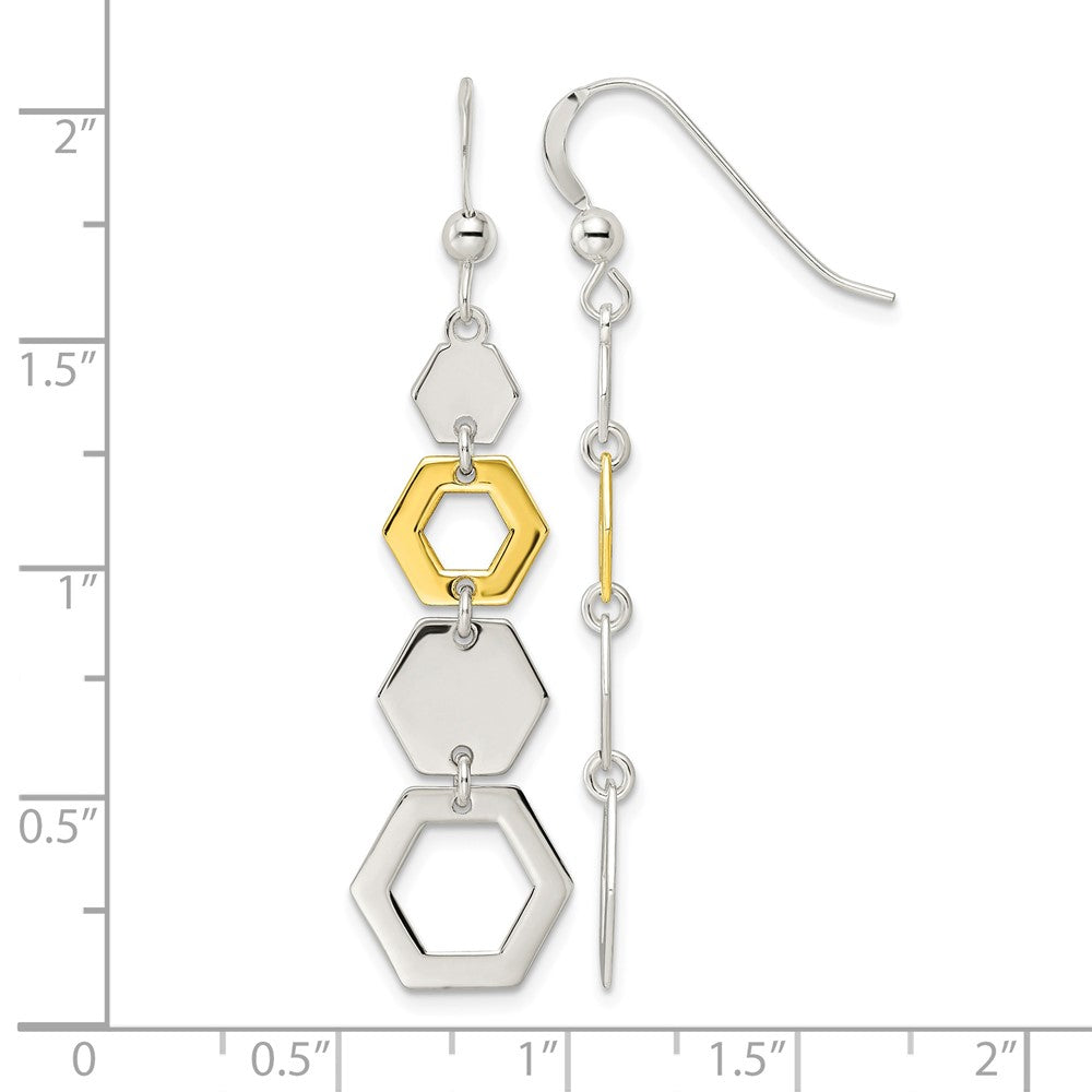 Sterling Silver and Gold-plated Polished Hexagon Dangle Earrings
