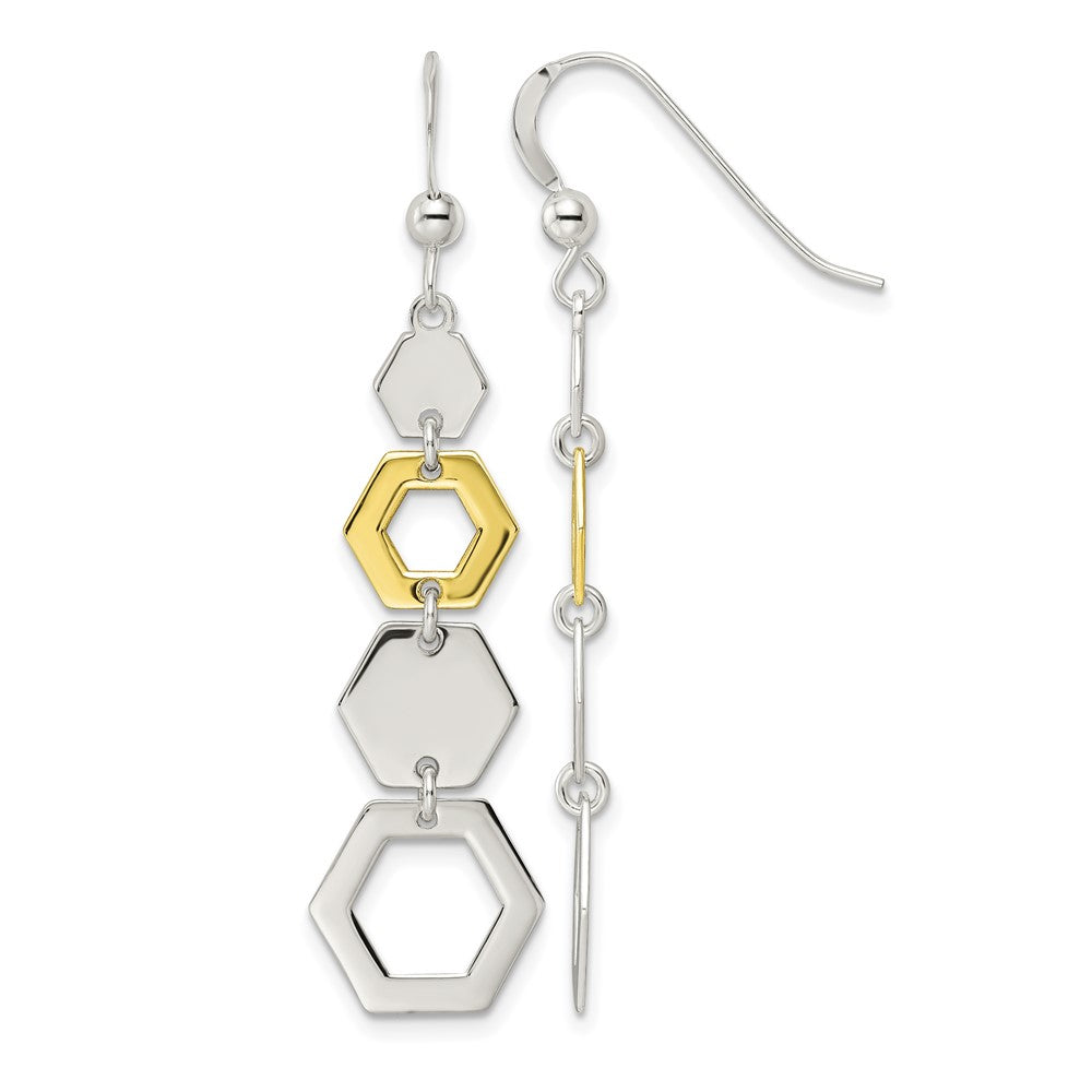 Sterling Silver & Gold-tone Polished Hexagon Dangle Earrings