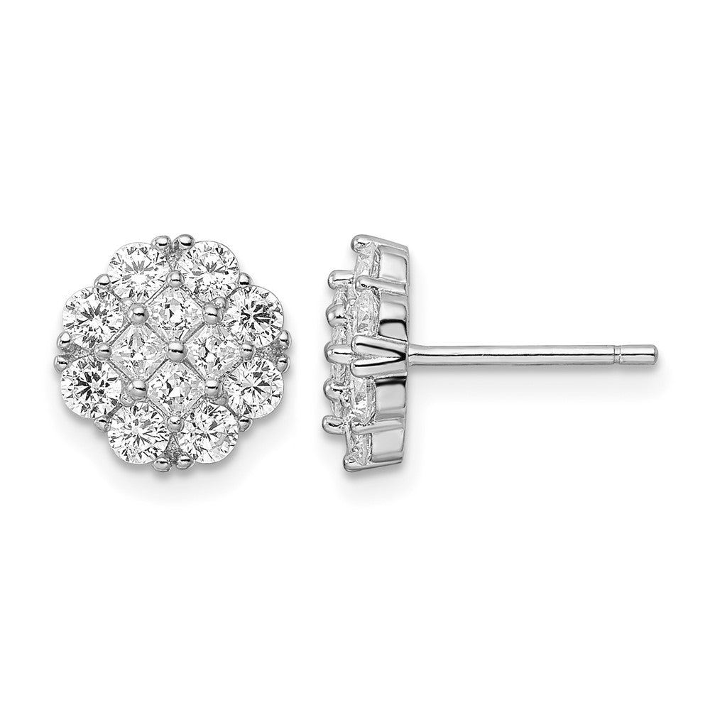 Sterling Silver Rhodium-plated Polished CZ Cluster Flower Post Earrings