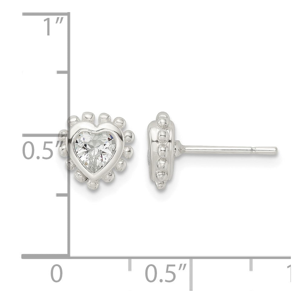 Sterling Silver Polished & Beaded Edge Heart CZ Post Earrings