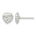 Sterling Silver Polished & Beaded Edge Heart CZ Post Earrings