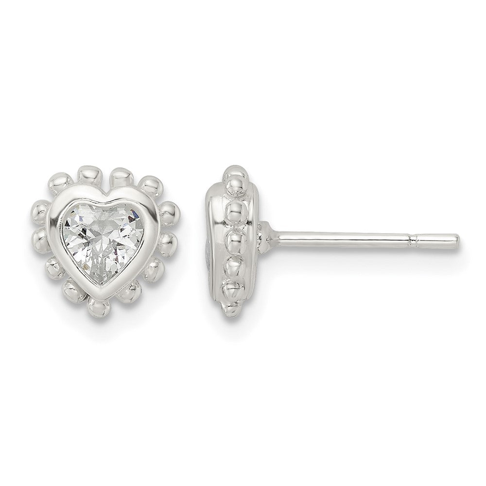 Sterling Silver Polished & Beaded Edge Heart CZ Post Earrings