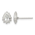 Sterling Silver Polished & Beaded Edge Pear CZ Post Earrings