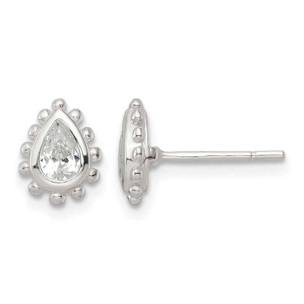 Sterling Silver Polished & Beaded Edge Pear CZ Post Earrings