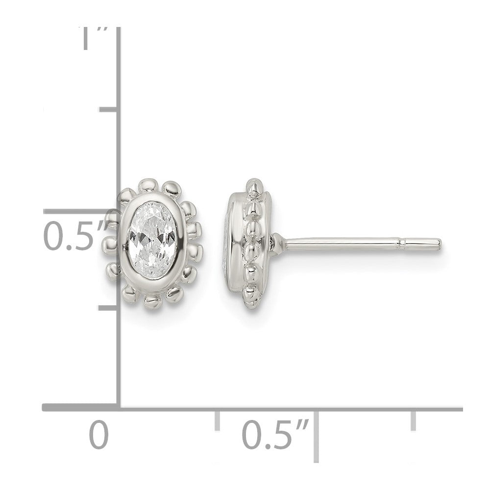 Sterling Silver Polished & Beaded Edge Oval CZ Post Earrings