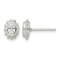 Sterling Silver Polished & Beaded Edge Oval CZ Post Earrings