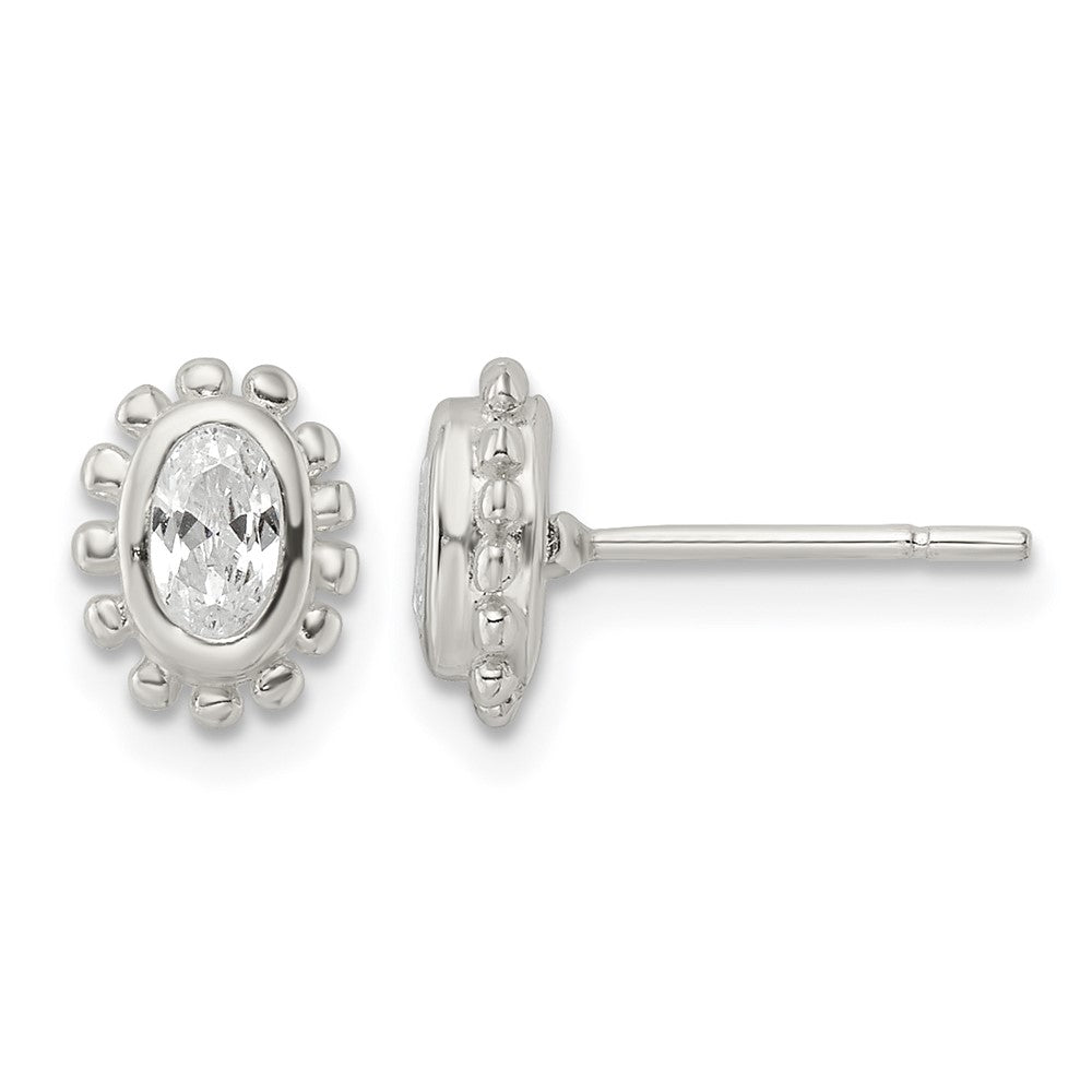 Sterling Silver Polished & Beaded Edge Oval CZ Post Earrings