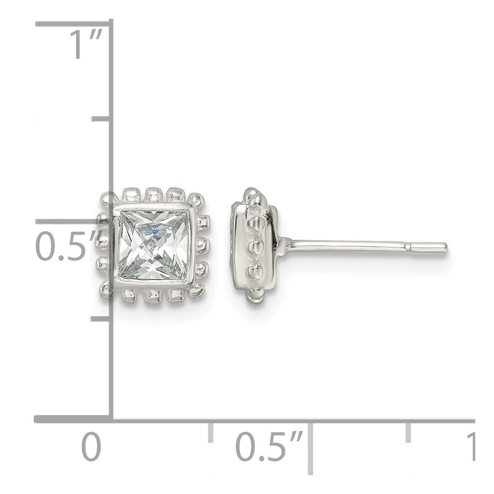 Sterling Silver Polished & Beaded Edge Square CZ Post Earrings