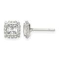 Sterling Silver Polished & Beaded Edge Square CZ Post Earrings