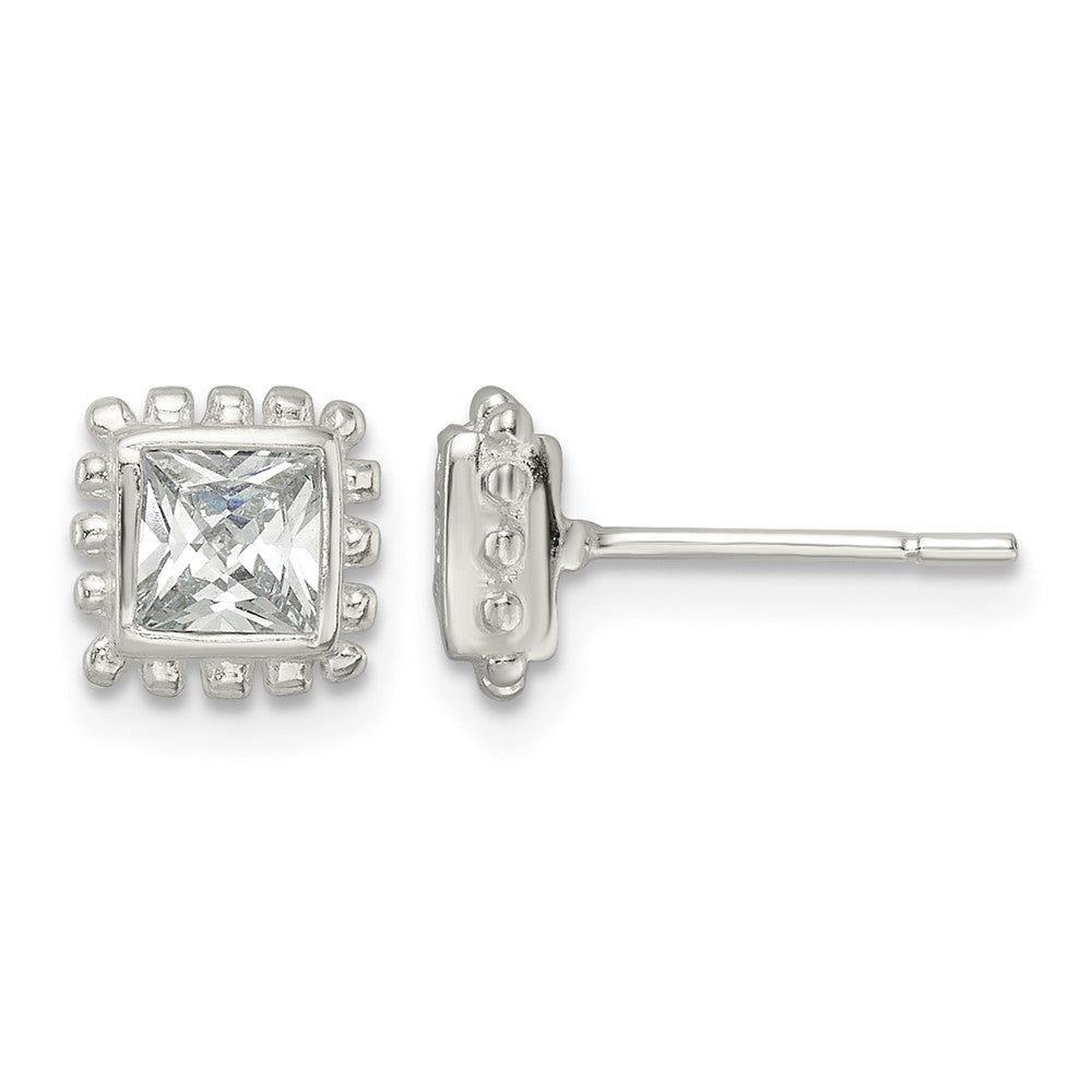 Sterling Silver Polished & Beaded Edge Square CZ Post Earrings