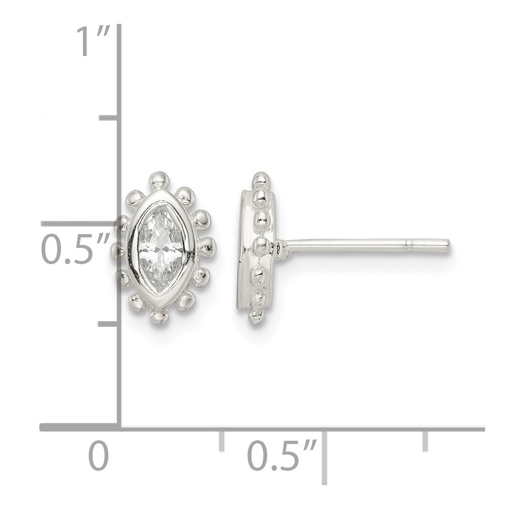 Sterling Silver Polished & Beaded Edge Marquise CZ Post Earrings