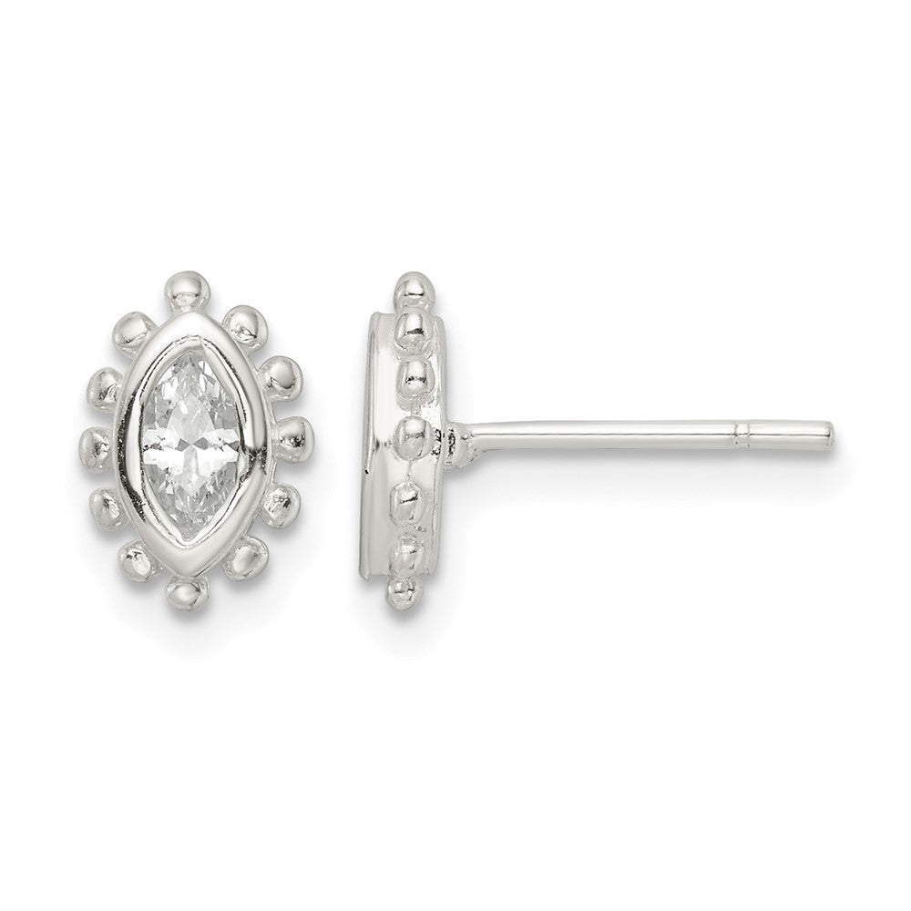 Sterling Silver Polished & Beaded Edge Marquise CZ Post Earrings