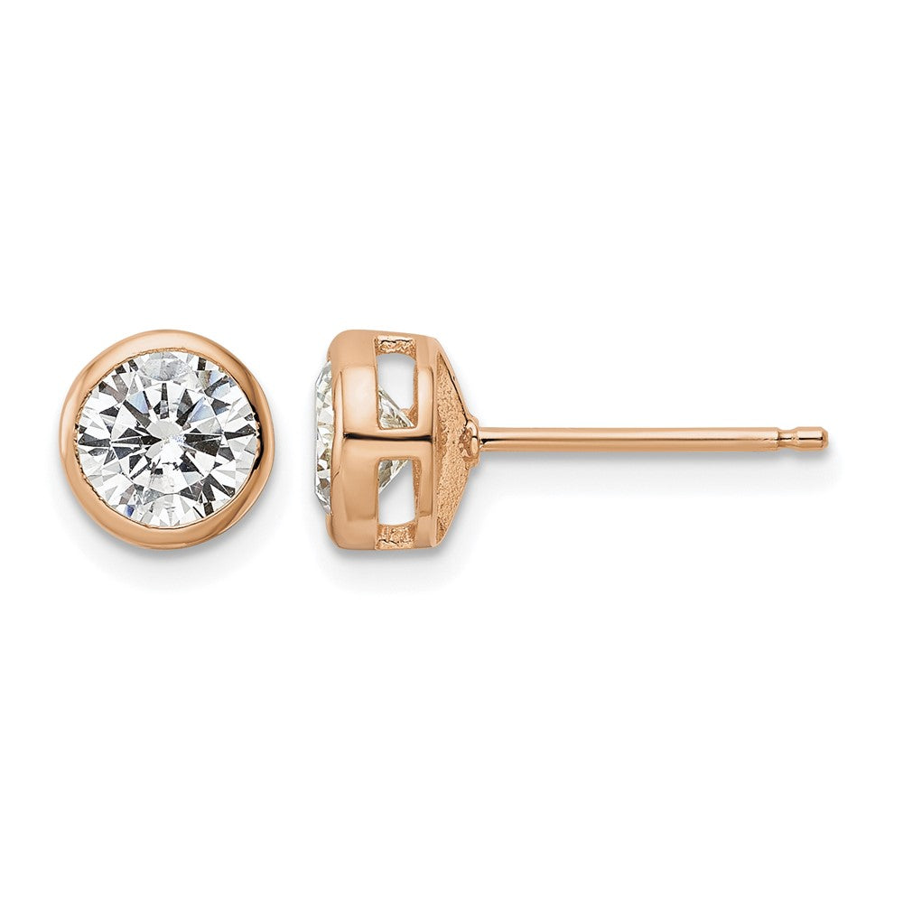 Sterling Silver Rose-tone Polished 6mm Round CZ Bezel Set Stud Earrings