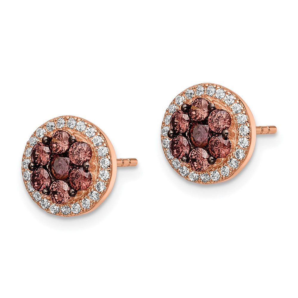 Sterling Silver Rose-tone w/ Black Rhodium Brown & White CZ Post Earrings