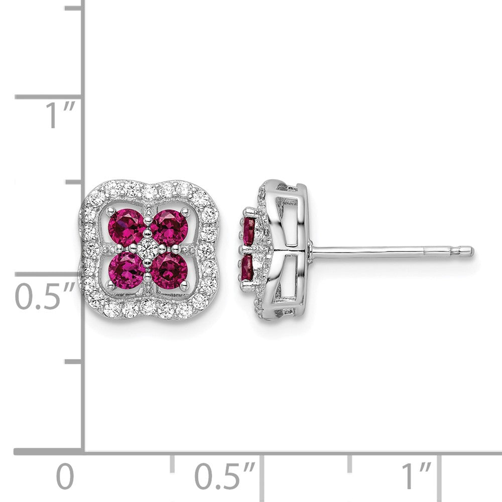 Sterling Silver Rhodium-plated Created Ruby and CZ Clover Post Earrings