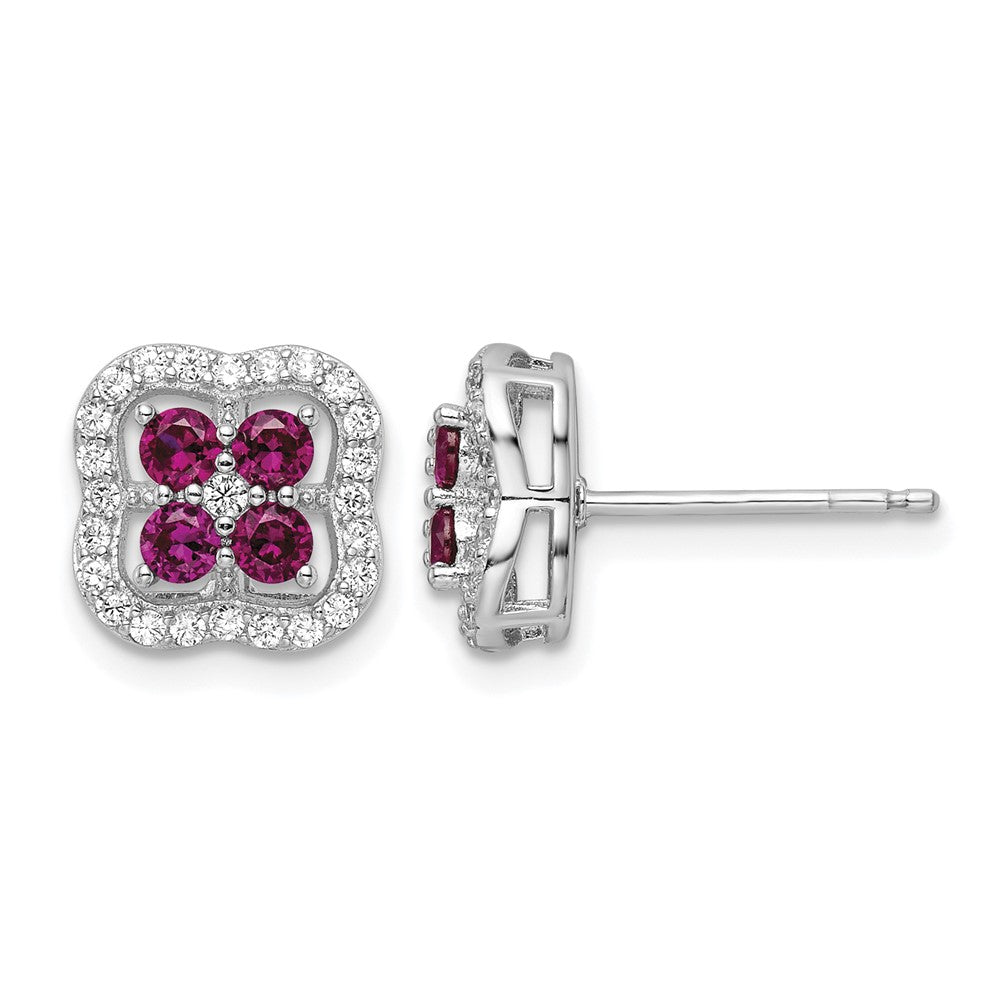 Sterling Silver Rhodium-plated Created Ruby and CZ Clover Post Earrings