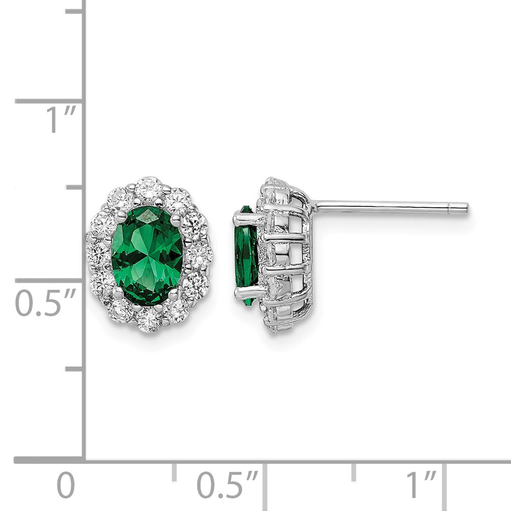 Sterling Silver Rhod-plated Polished Green & White CZ Oval Post Earrings