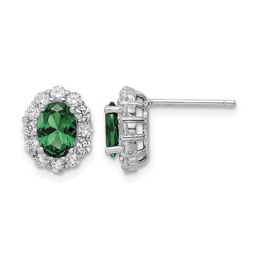 Sterling Silver Rhod-plated Polished Green & White CZ Oval Post Earrings