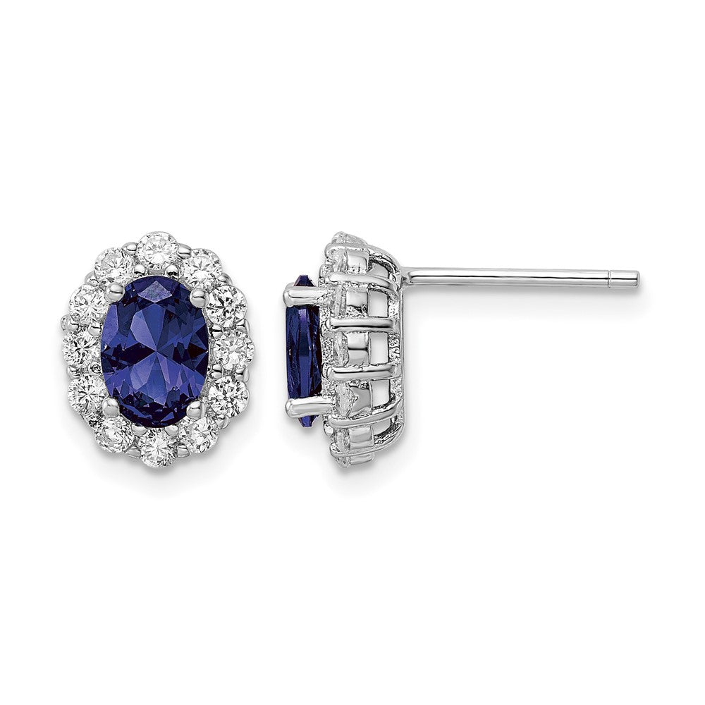 Sterling Silver Rhodium-plated Polished Blue & White CZ Oval Post Earrings