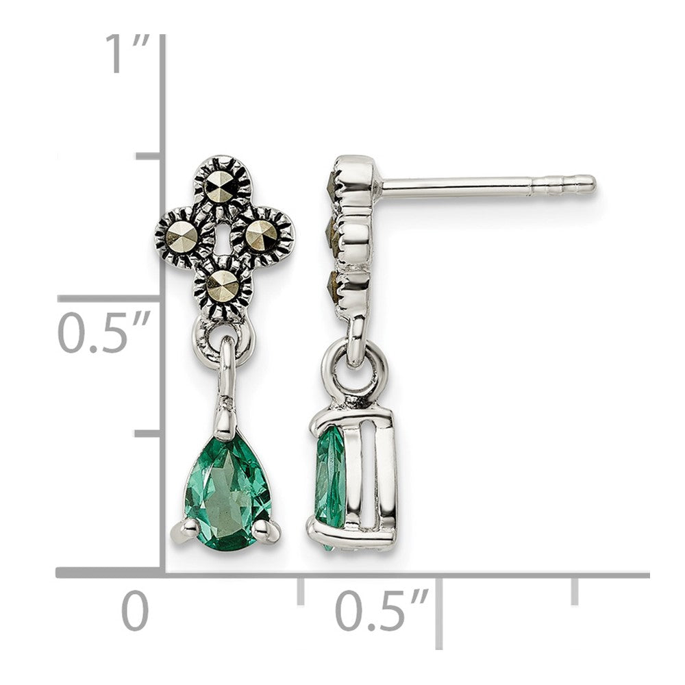 Sterling Silver Antiqued Marcasite & Cr. Green Quartz Post Dangle Earrings