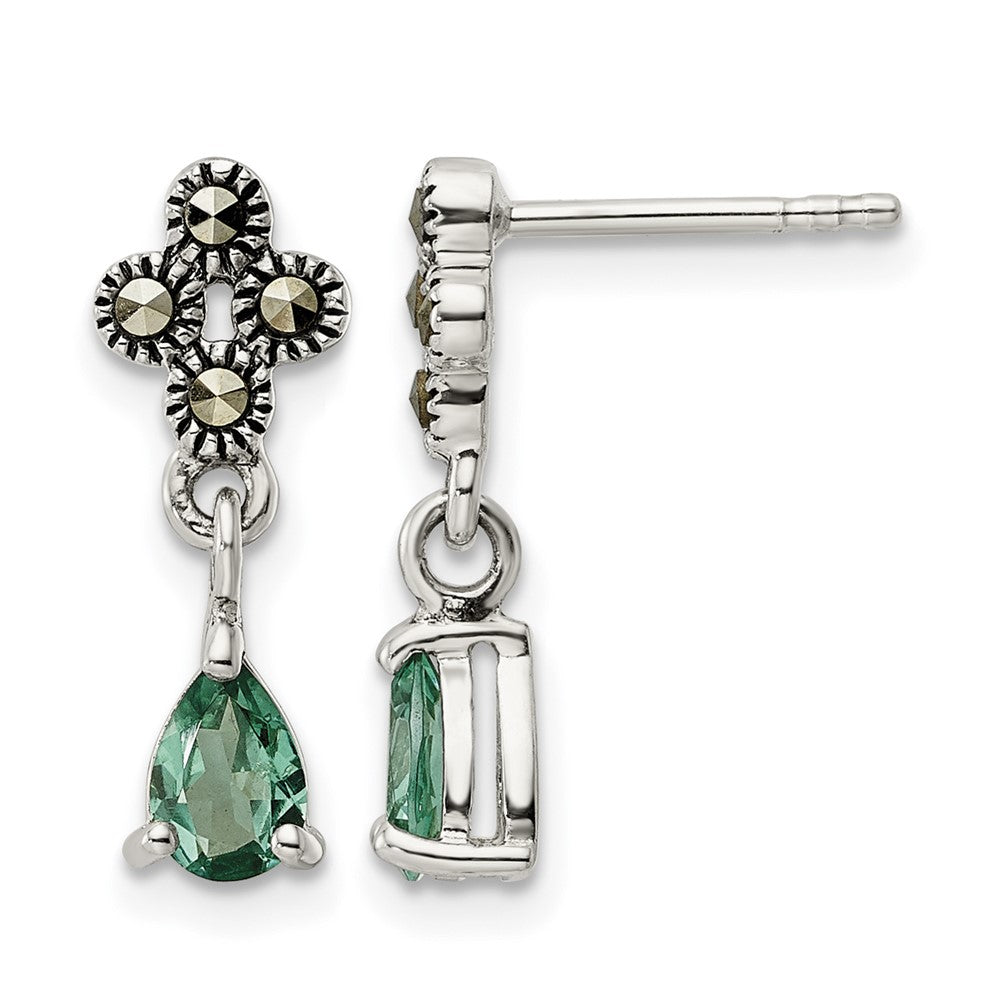 Sterling Silver Antiqued Marcasite & Cr. Green Quartz Post Dangle Earrings