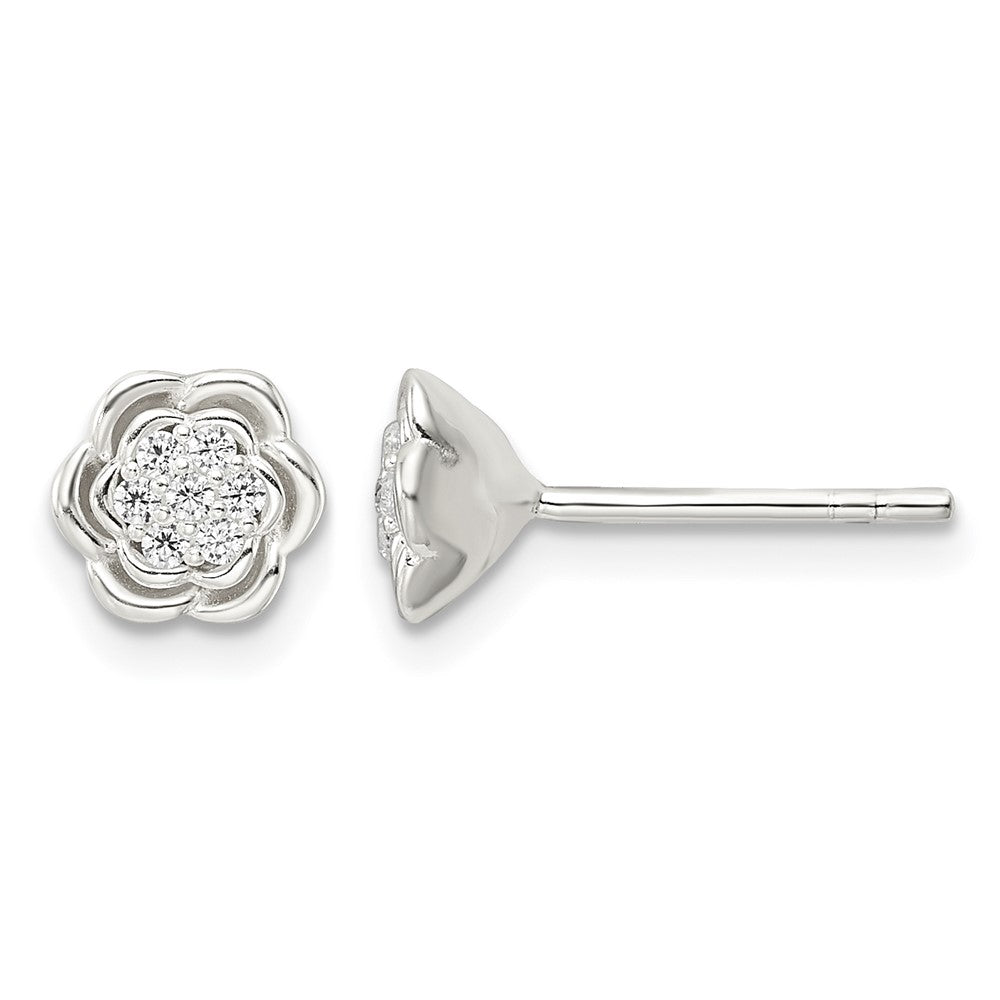 Sterling Silver Polished Floral CZ Post Earrings