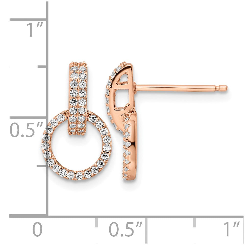 Sterling Silver Rose-tone Polished CZ Circle Post Dangle Earrings