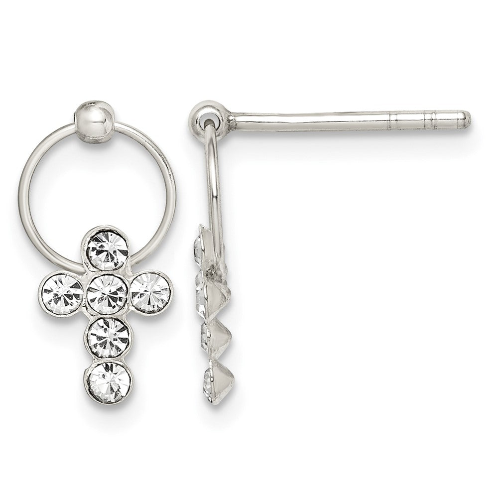 Sterling Silver Polished CZ Cross Circle Post Dangle Earrings