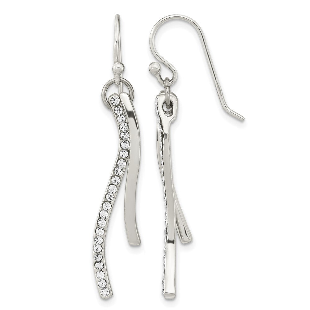 Sterling Silver Polished CZ Wavy Bar Dangle Shephard Hook Earrings