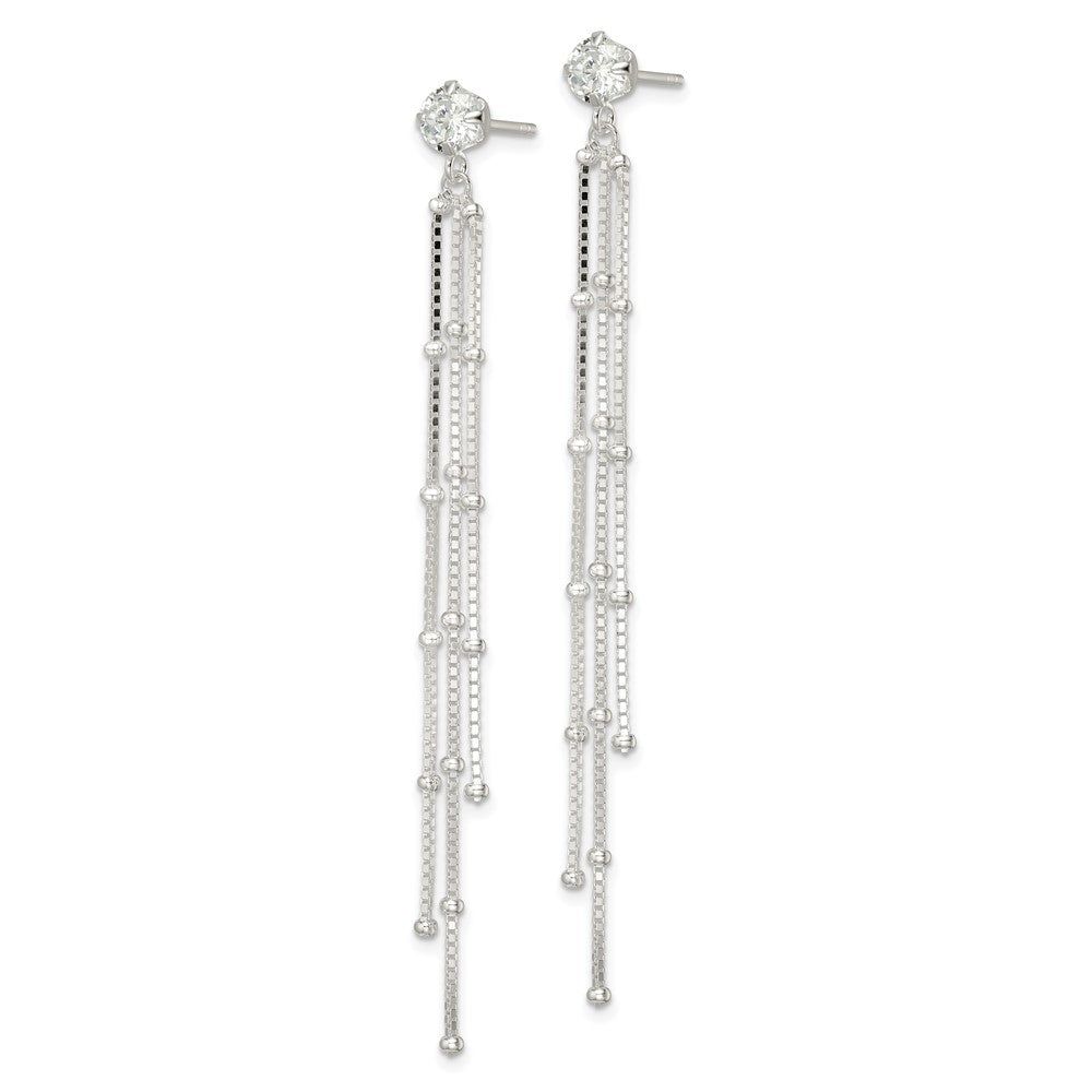 Sterling Silver Polished CZ & Beaded Chain Post Dangle Earrings