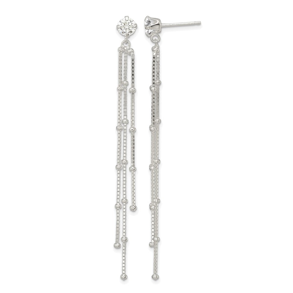 Sterling Silver Polished CZ & Beaded Chain Post Dangle Earrings