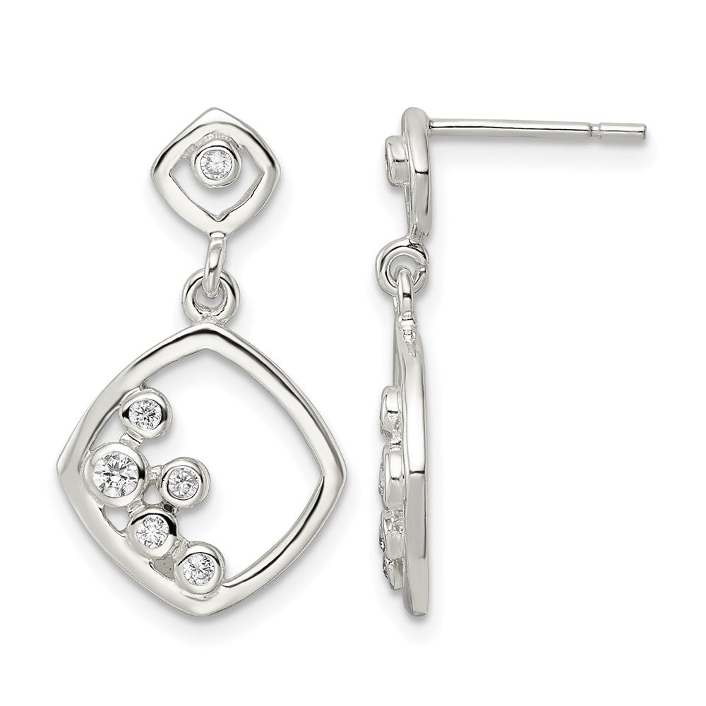 Sterling Silver Polished CZ Square Dangle Post Earrings